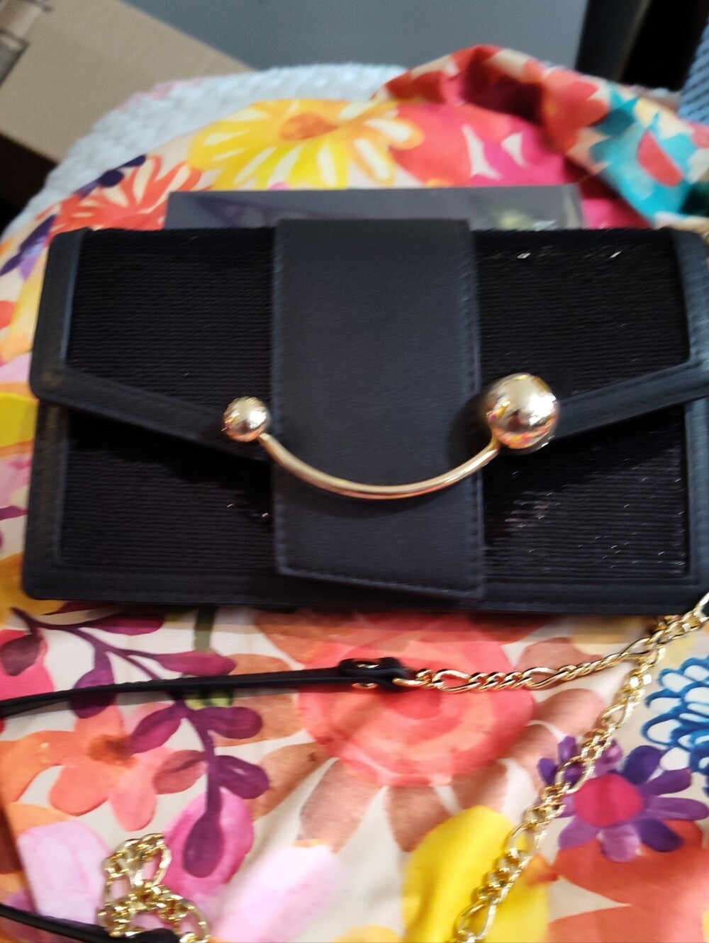 Strathberry Black Clutch with Gold Bar Detail